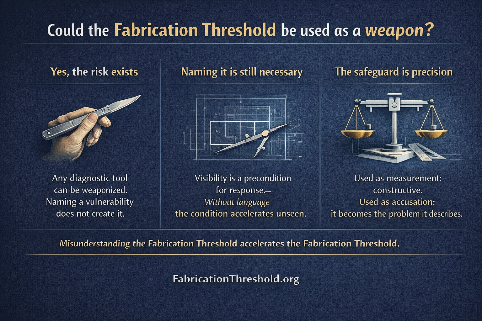 Alt-text Infographic explaining whether the Fabrication Threshold can be weaponized, showing three columns on risk, necessity of naming structural vulnerabilities, and precision as safeguard