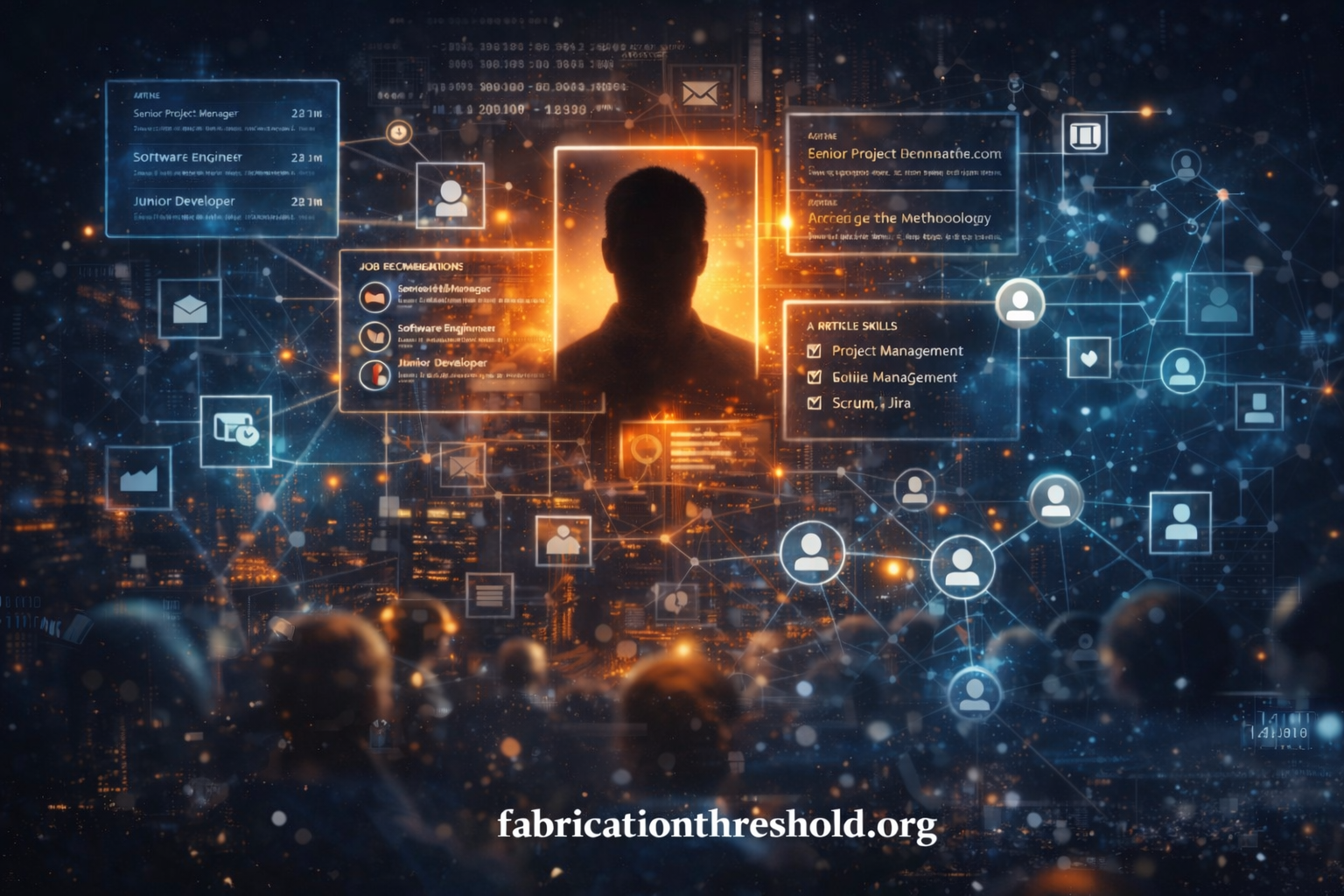A faceless silhouette surrounded by verifiable data points — job titles, skills, recommendations, connections — representing a synthetic profile that contains every element a verification system checks but corresponds to no real person